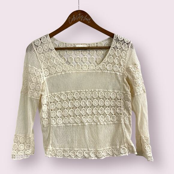 SJS Crochet Top Ivory Semi Sheer Vintage Cottagecore Coquette VTG - Picture 1 of 5